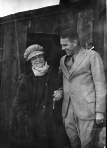 Elizabeth McCort Tabor stands beside a man in front of her cabin next to the Matchless Mine in Leadville.
