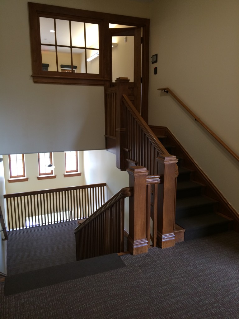 View toward the “Tippy Top” room and refinished stairwell at the Breckenridge Library.