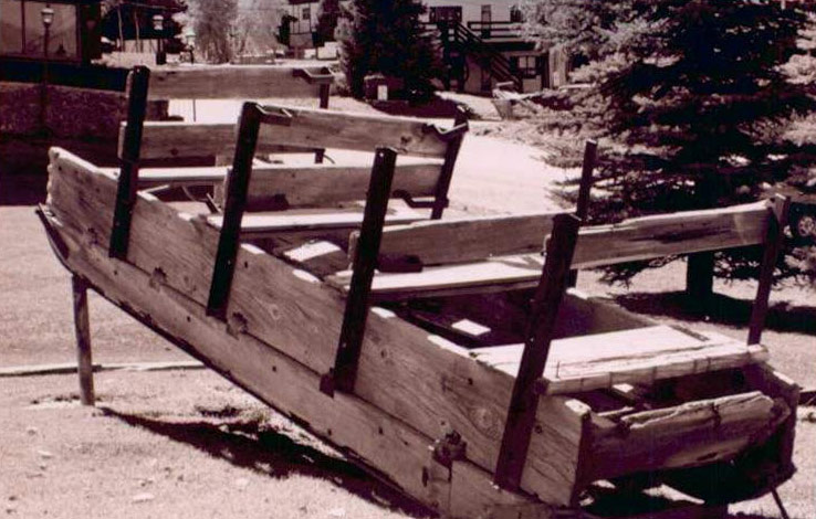 One of the toboggans used with the Aspen boat tow, on display in Willoughby Park in 1989.