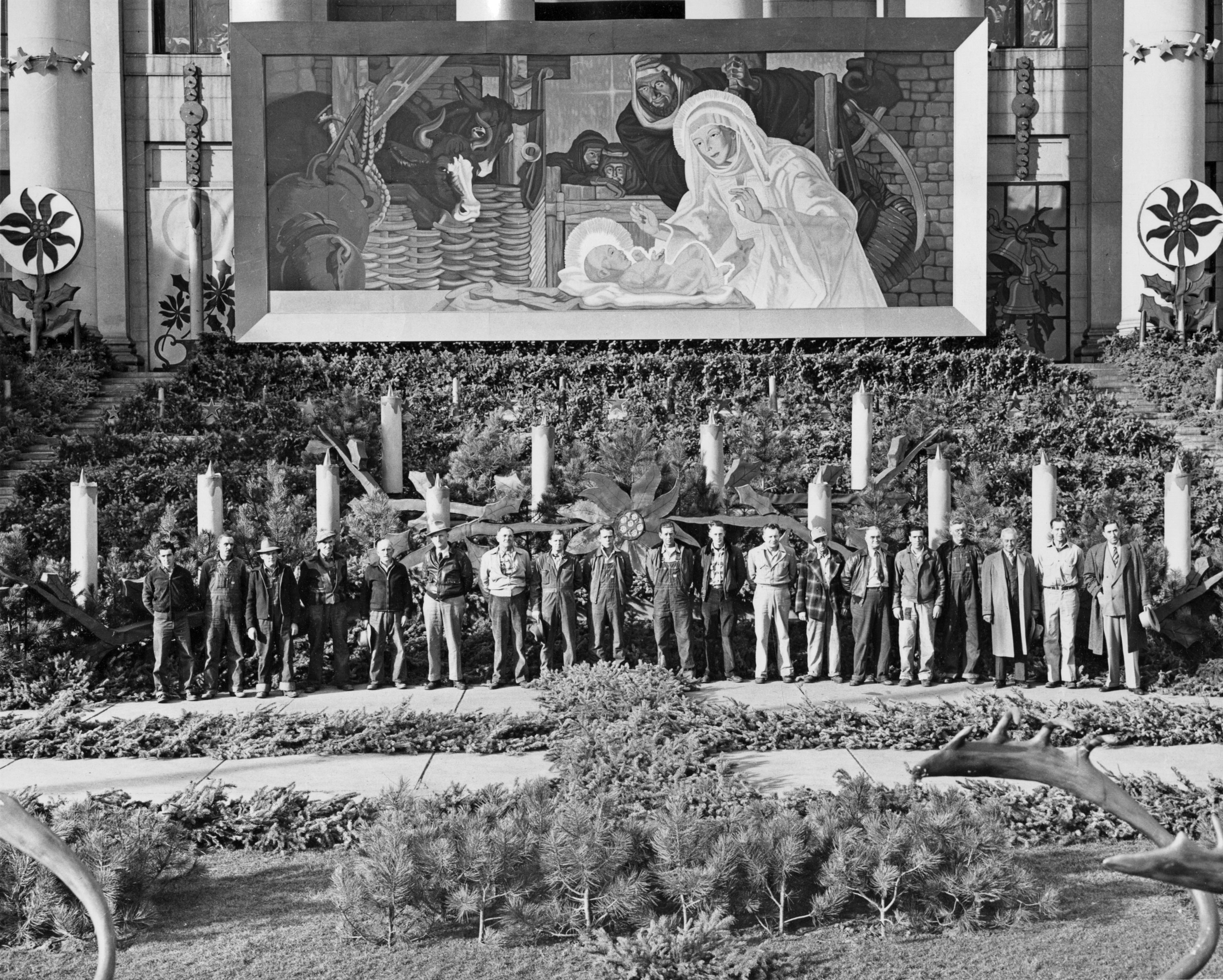 Malpiede in front of Denver City and County building with Christmas decorations 1945