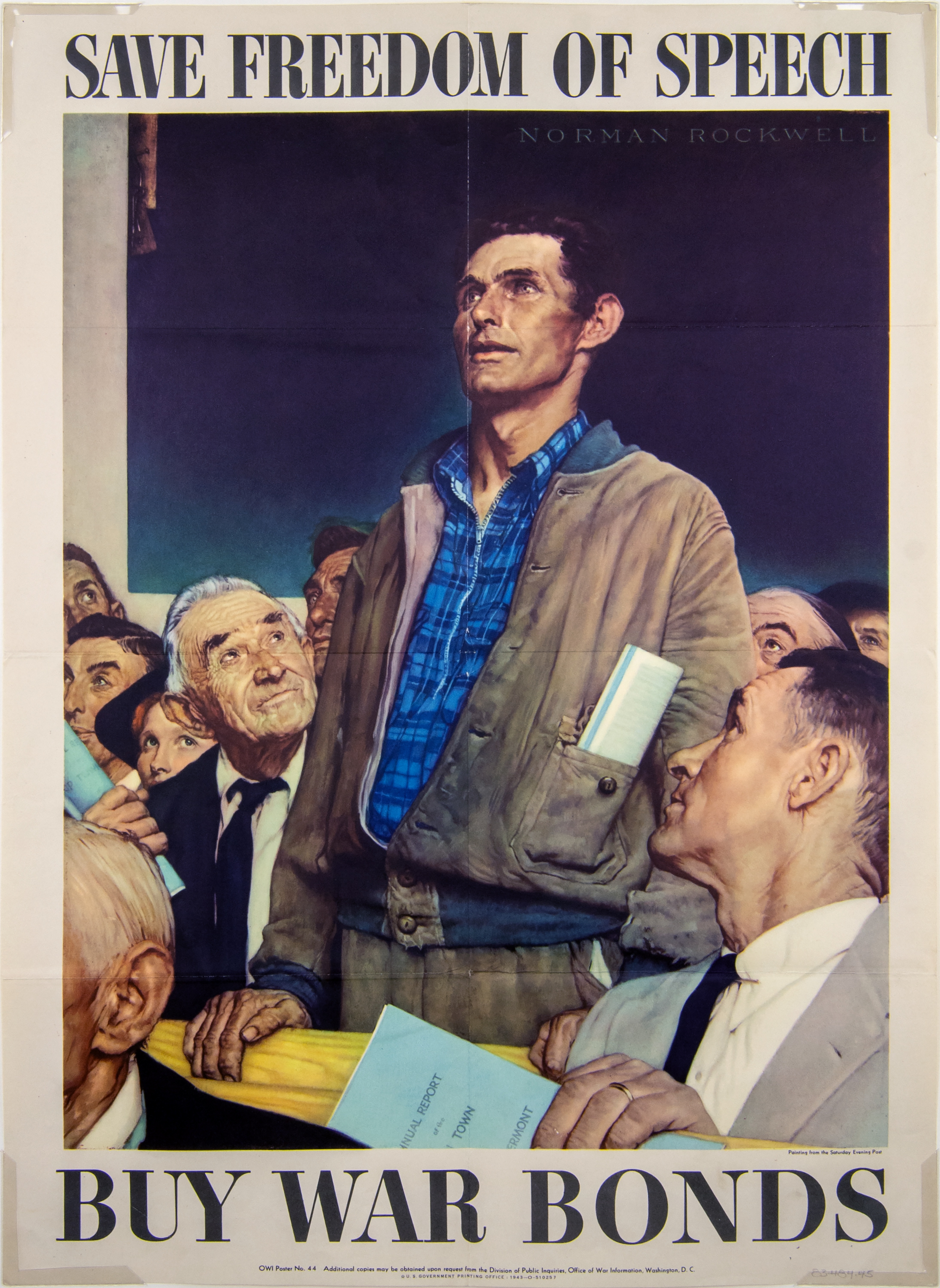 Photo of a poster from 1943, used to sell war bonds. Norman Rockwell's image depicting freedom of speech is characterized by a casually-dressed gentleman, standing  up amidst a crowd of people seated. He is looking forward, and is speaking to the group. He is wearing a casual button-up jacket, trousers, and a collared plaid shirt. He has some papers rolled up and tucked into his jacket pocket.