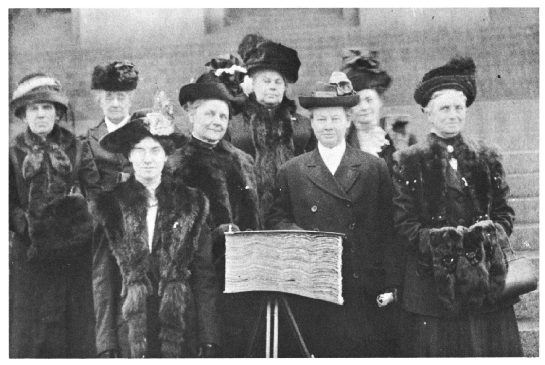 Photo of Women’s Christian Temperance Union members with the Great Petition for Prohibition, 1914