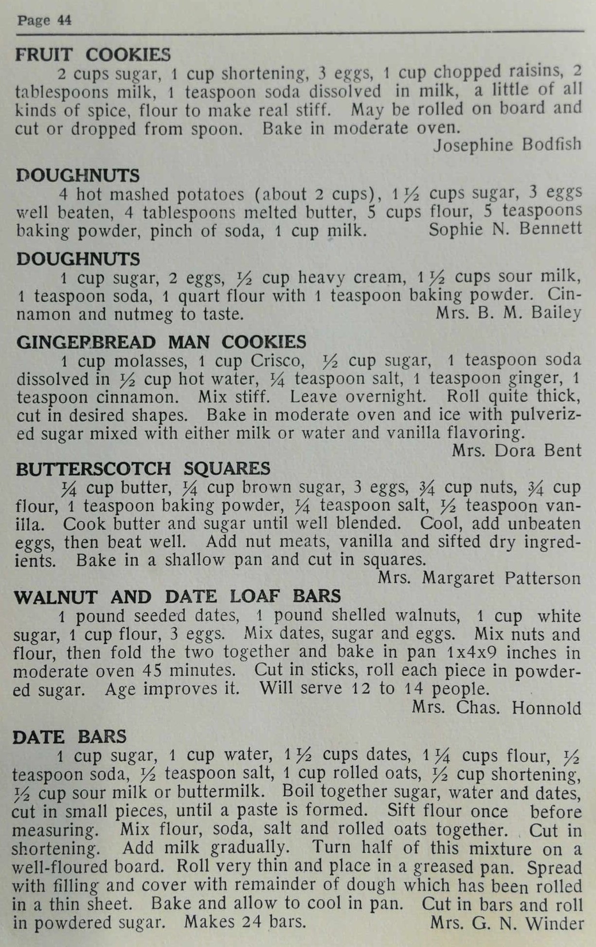 Image of a page from a historic cookbook, How We Cook in Colorado. The recipes included on this page are for Fruit Cookies, two recipes for "Doughnuts," Gingerbread Man Cookies, Butterscotch Squares, Walnut and Date Loaf Bars, and Date Bars.