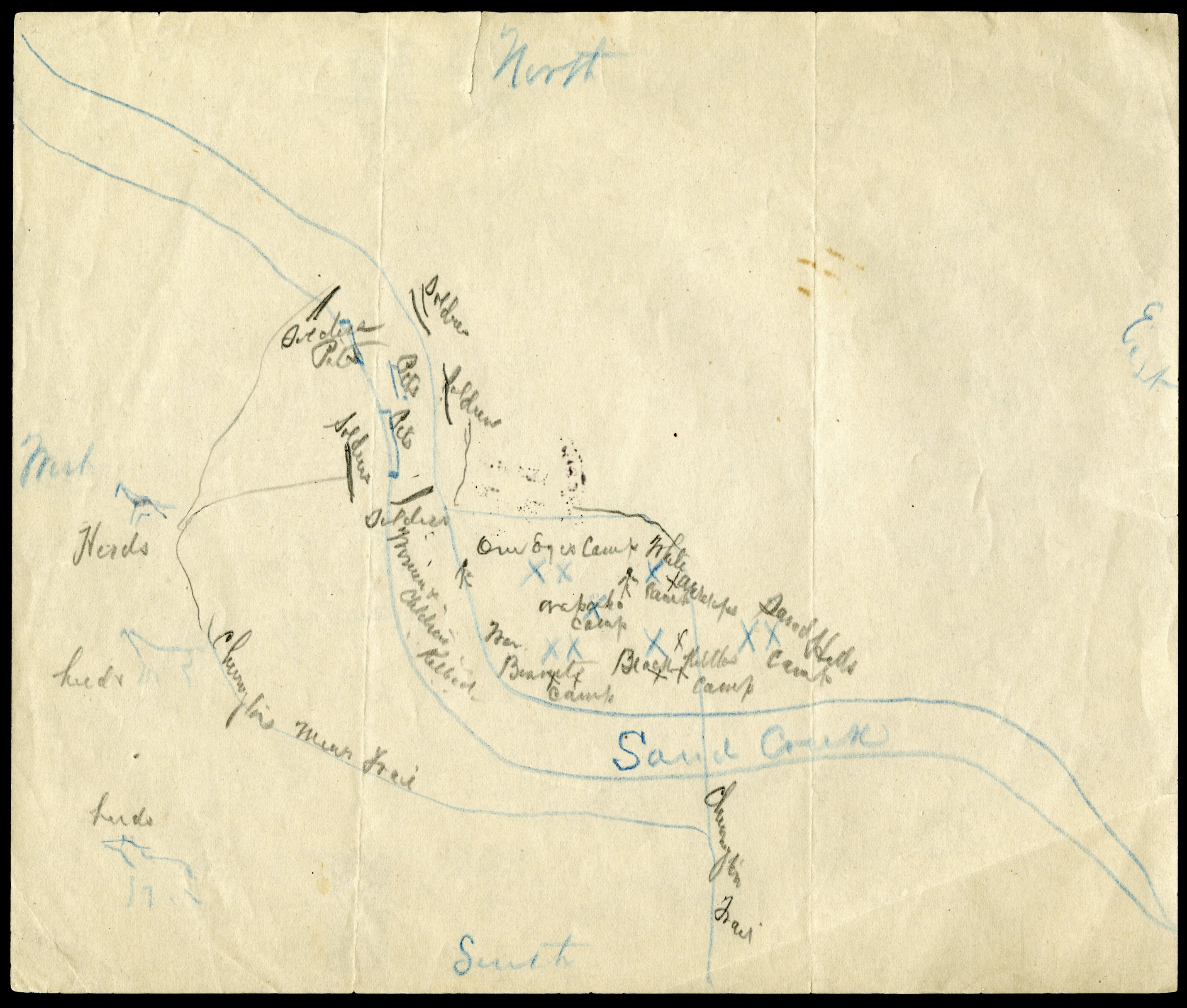 Image of a hand-drawn map on white paper. The map indicates North at the top of the page and South at the bottom; in thin cursive handwriting, the Sand Creek snakes its way from the left of the map, down to the south. There are "X" marks alongside the creek, with names that suggest who was positioned in the area. "Chivington Trail" is legible along a path leading from the south up north to the area where others were situated along the creek.