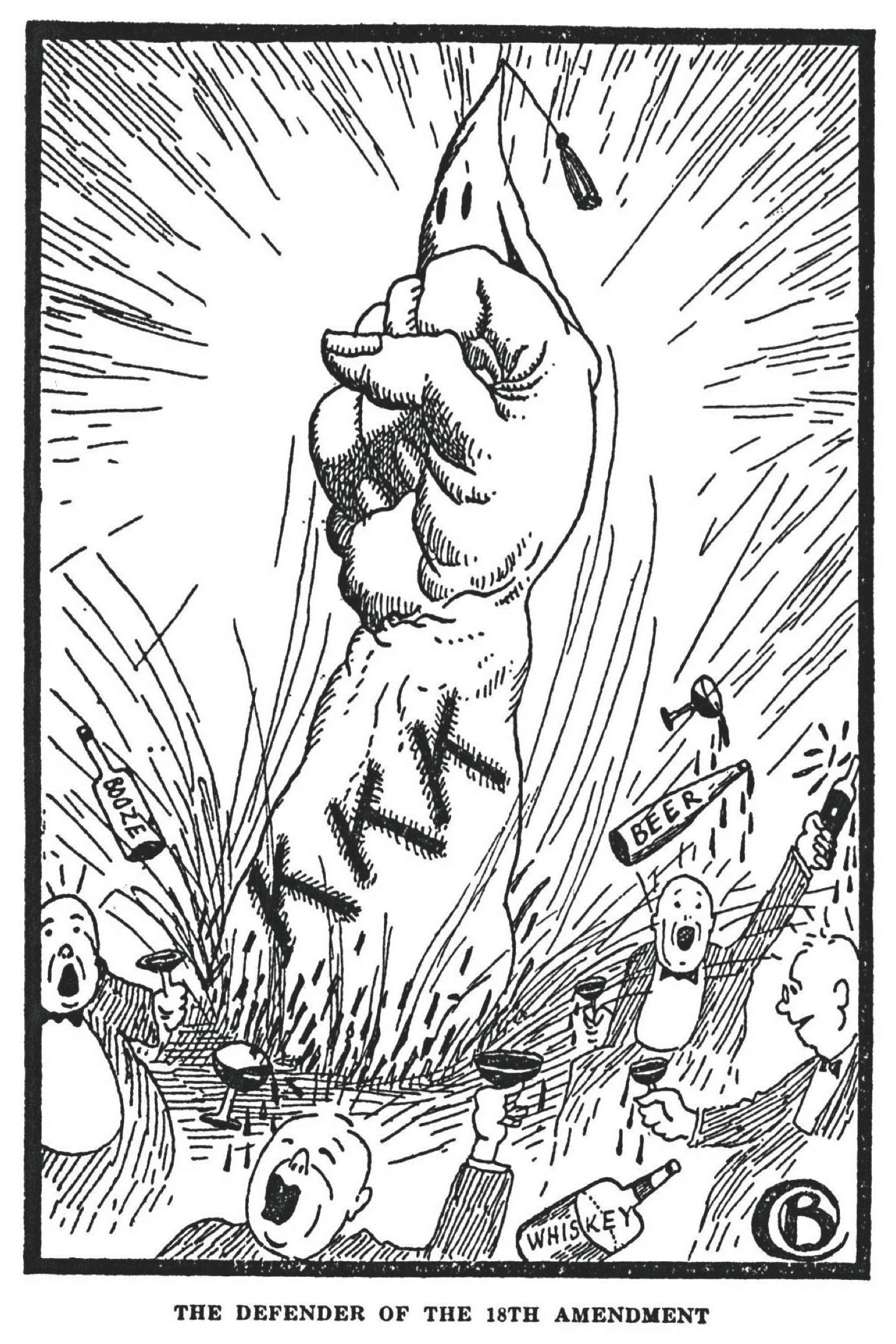 A political cartoon depicting a great fist wearing the white pointed cap of a Klan member bursts through the floor of a saloon, sending drinkers scattering. The caption reads "The Defender of the 18th Amendment."