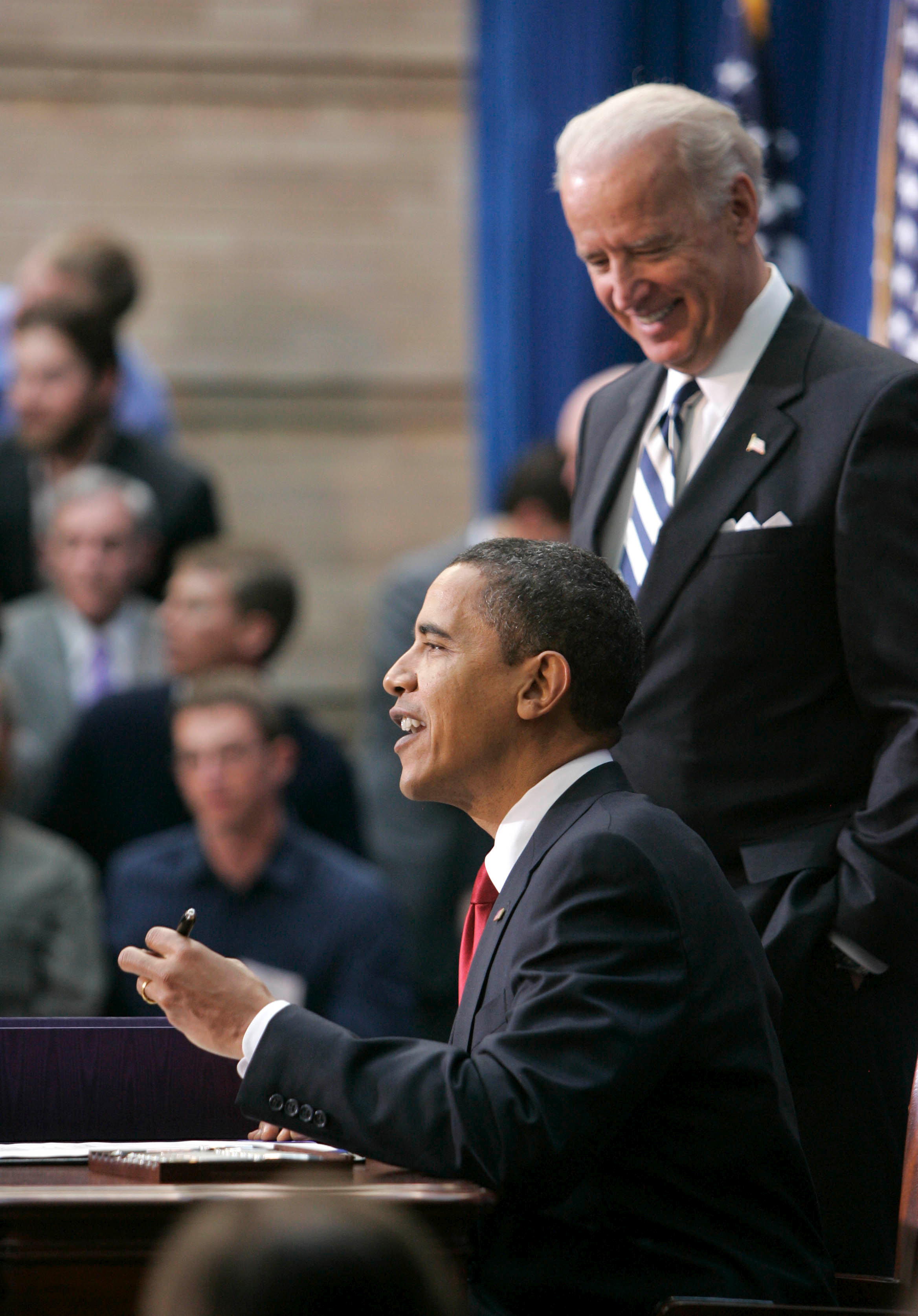 President Obama and then-president Vice President Joe Biden speaking at the Denver Museum of Nature & Science