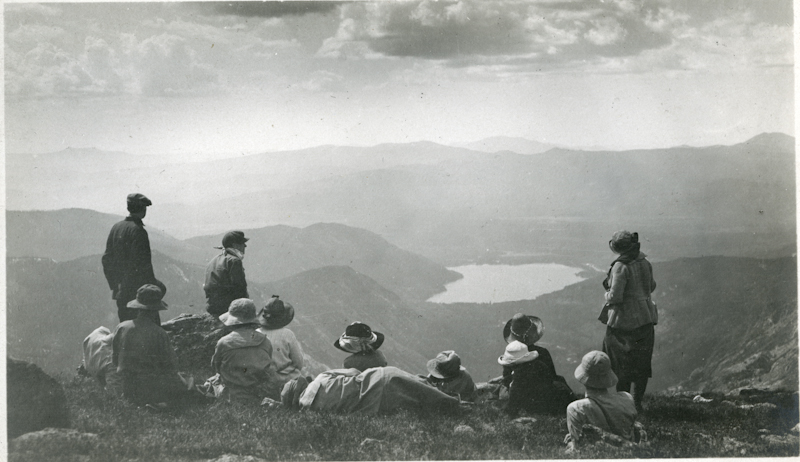Members of the Colorado Mountain Club looking west towards Grand Lake from on top of the Continental Divide.