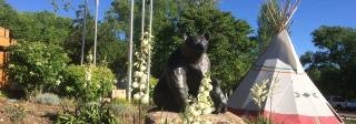 The grounds of the Ute Indian Museum. A tipi is visible in the background, along with several trees and flagpoles. In the foreground are smaller plants, as well as a metallic statue of a mother bear and cub.