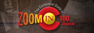 Yellow and red logo for Zoom In exhibit