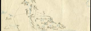 Image of a hand-drawn map on white paper. The map indicates North at the top of the page and South at the bottom; in thin cursive handwriting, the Sand Creek snakes its way from the left of the map, down to the south. There are "X" marks alongside the creek, with names that suggest who was positioned in the area. "Chivington Trail" is legible along a path leading from the south up north to the area where others were situated along the creek.