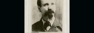 Portrait of Alfred Packer with handwriting along bottom margin. Handwriting says: "Joseph Packer. The Colorado Cannibal Killed and Ate six men in Hinsdale Co. Colorado"