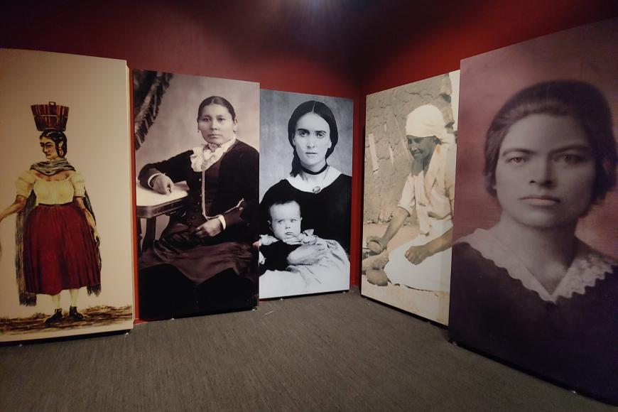 Photo of five separate images of women who were important figures in the borderlands history of Colorado. From left to right, the women are: Teresita Sandoval, Amache Prowers, Josefa Carson, Rebecca Lopez, and Dona Bernarda Mejia Velasquez.