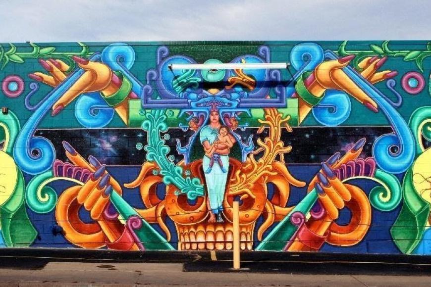 A mural depicting the indigenous goddess Huitzilopochtli 