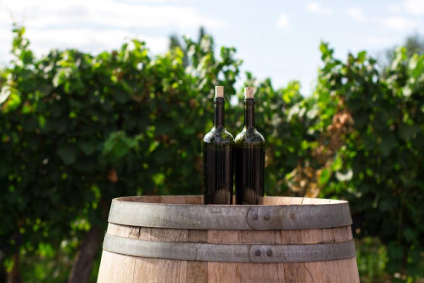 2 wine bottles sitting on an old barrel. Behind them is a lush, green vineyard.