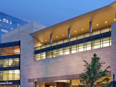 A photo of the History Colorado Center in the evening