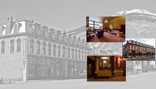 A collage of photographs. A 1998 view of the Silverton historic district is the background. Superimposed over the top are shots of the hotel exterior, a neon Hotel sign above a park bench, and an interior room decorated in a turn of the century style..