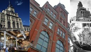 Tivoli brewery, clockwise from left to right: Tivoli brewery prior to its 2012 renovation; Tivoli Brewery building in 2016; Tivoli Union Brewery in 1938; in the brewing area within the Tivoli, 2016; customers inside the cafe and bar area of the student union.